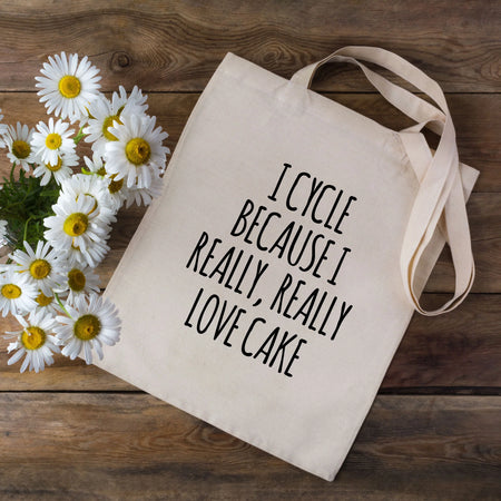 EllieBeanPrints I CYCLE BECAUSE I REALLY REALLY LOVE CAKE TOTE BAG